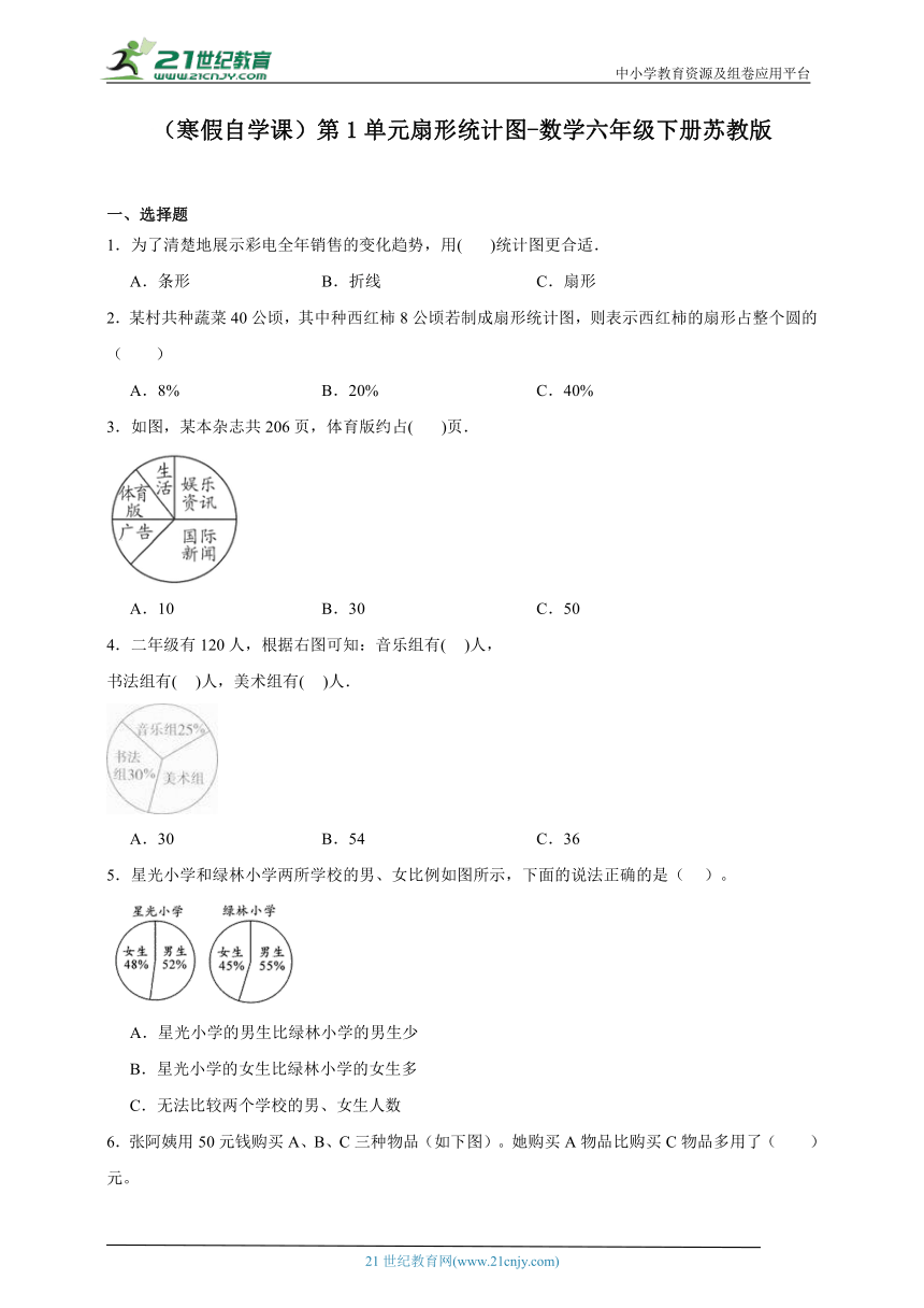 （寒假自学课）第1单元扇形统计图-数学六年级下册苏教版