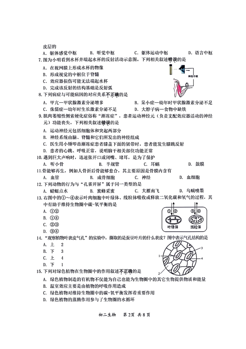 江苏省南通市通州区2022—2023 学年八年级上学期期末学业水平质量监测生物试题（图片版无答案）