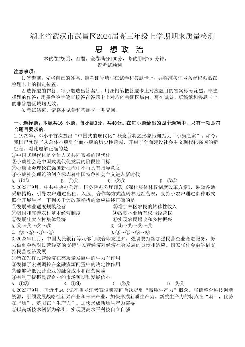 湖北省武汉市武昌区2023-2024学年高三上学期期末质量检测思想政治试题（含答案）