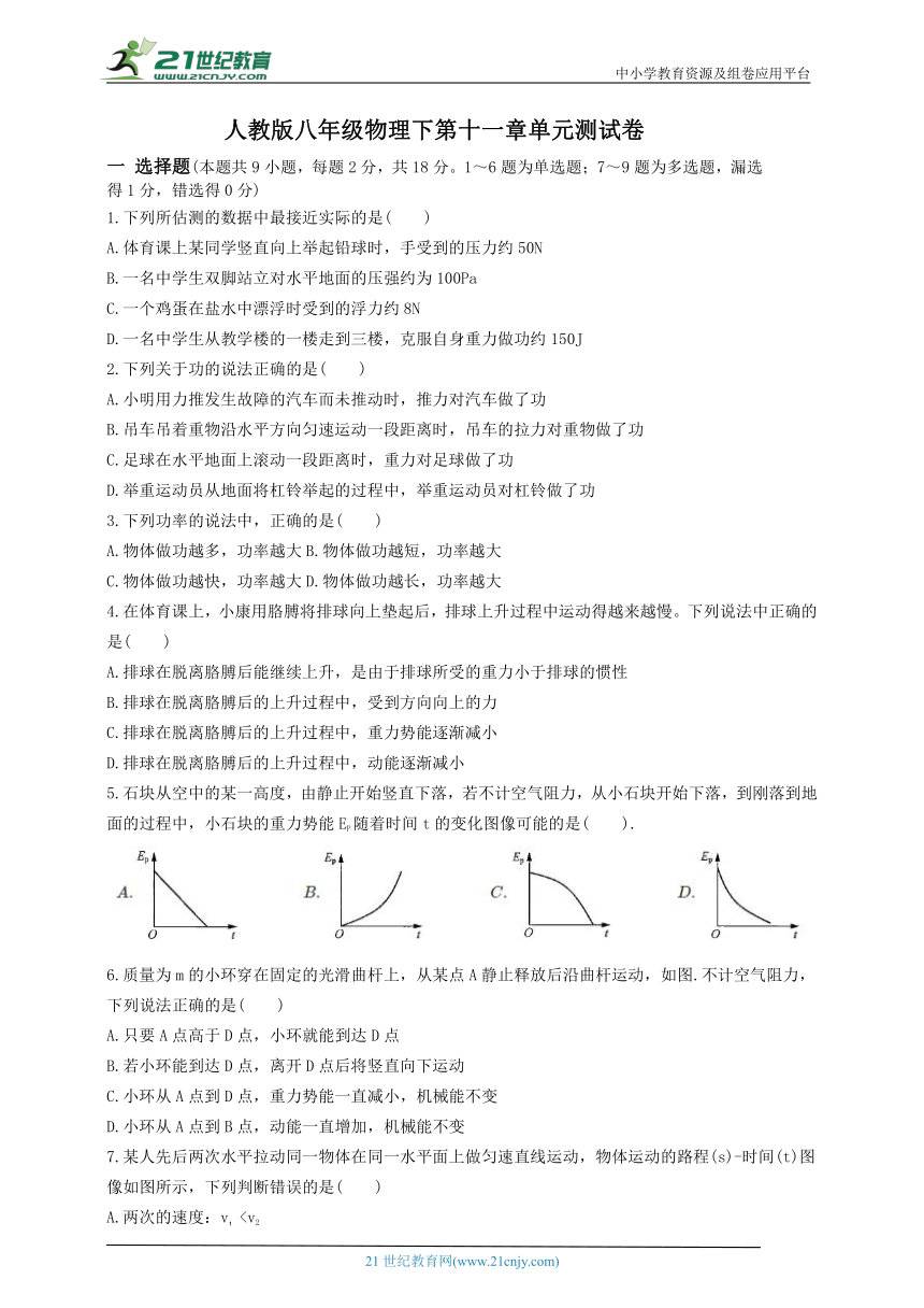 人教版八年级物理（下）第十一章单元测试卷(含答案)