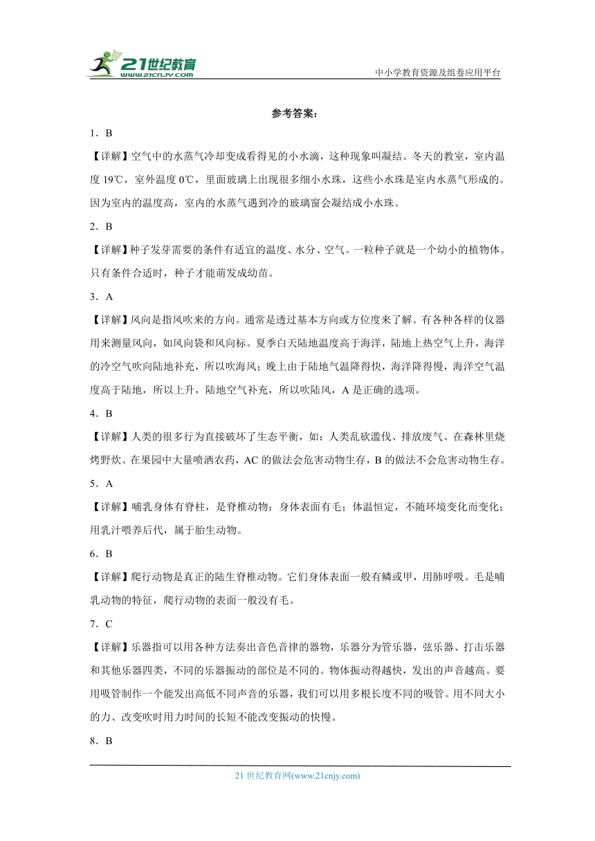 人教鄂教版四年级上册科学期末综合训练（含答案解析）