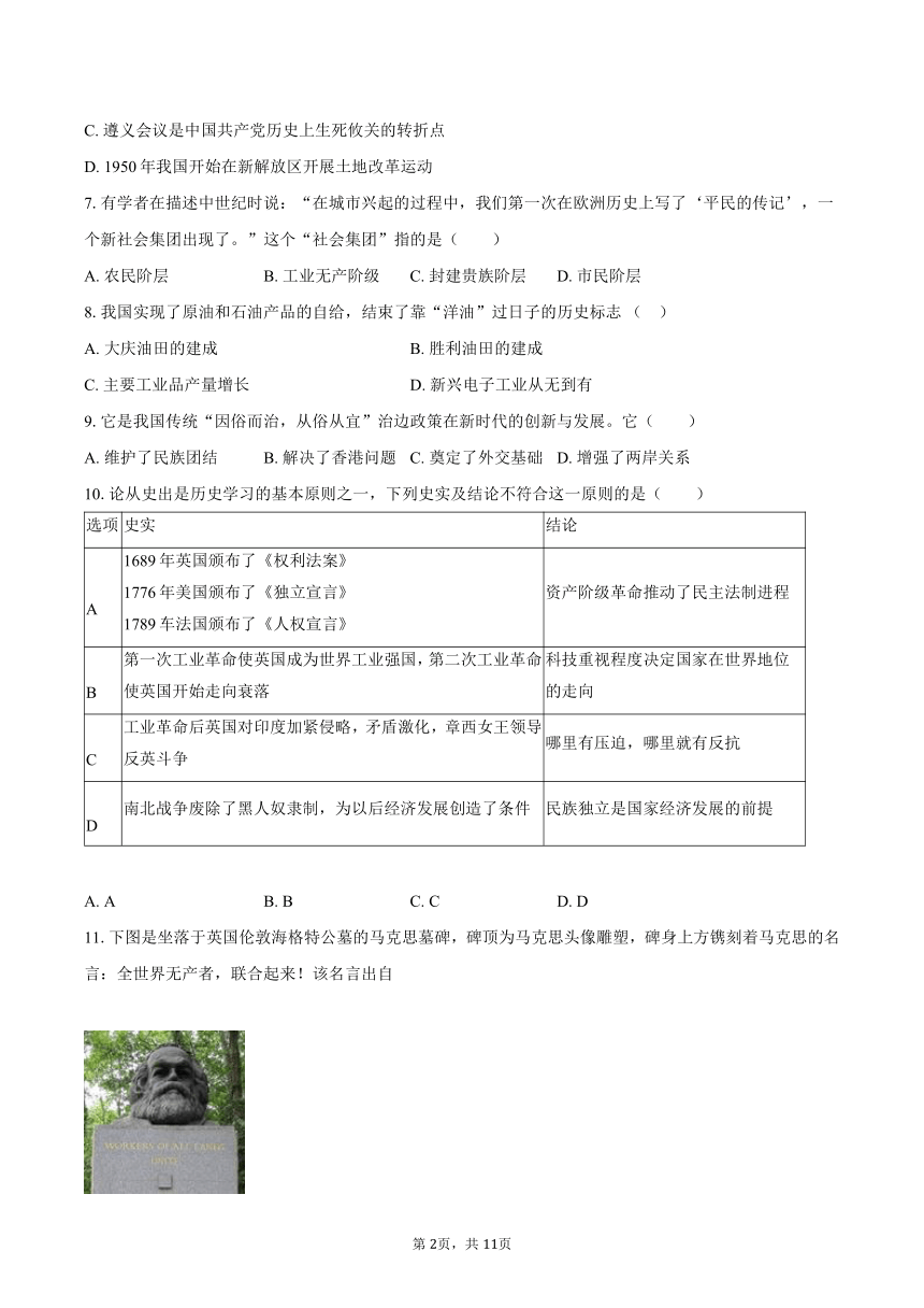 2024年四川省巴中市中考历史模拟适应性训练试卷(含解析）