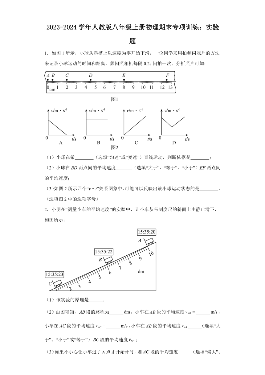 2023-2024学年人教版八年级上册物理期末专项训练：实验题（含答案）