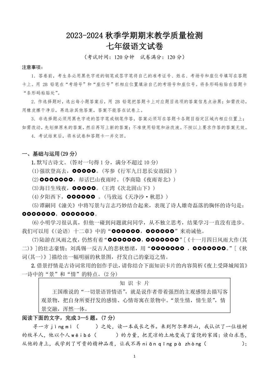 广东省惠州市博罗县2023-2024学年七年级上学期期末考试语文试题（含答案）