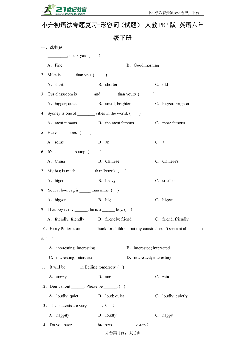 小升初语法专题复习-形容词（试题） 人教PEP版 英语六年级下册（含答案）