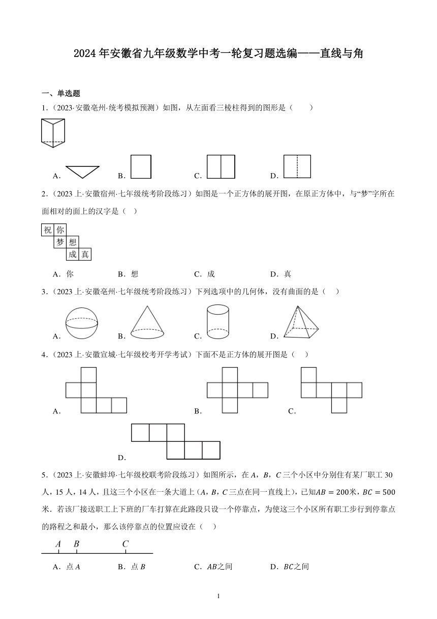 2024年安徽省九年级数学中考一轮复习题选编——直线与角（含解析）