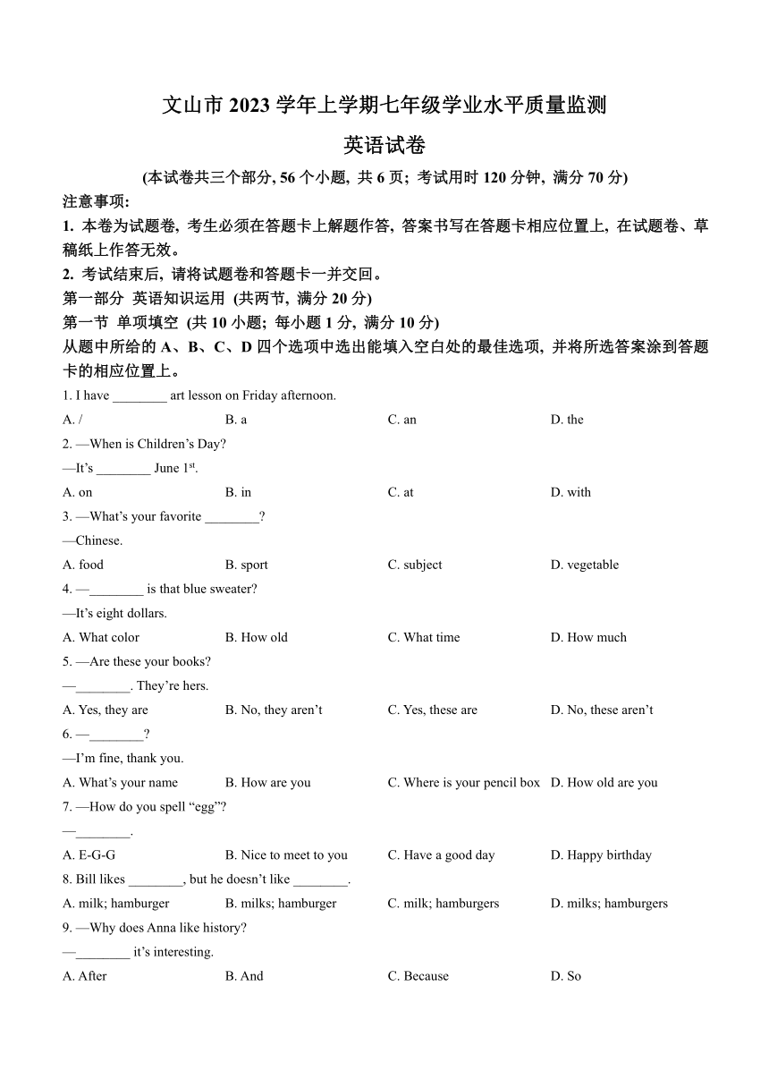 云南省文山州文山市2023-2024学年七年级上学期期末学业水平质量监测英语试题（含答案）