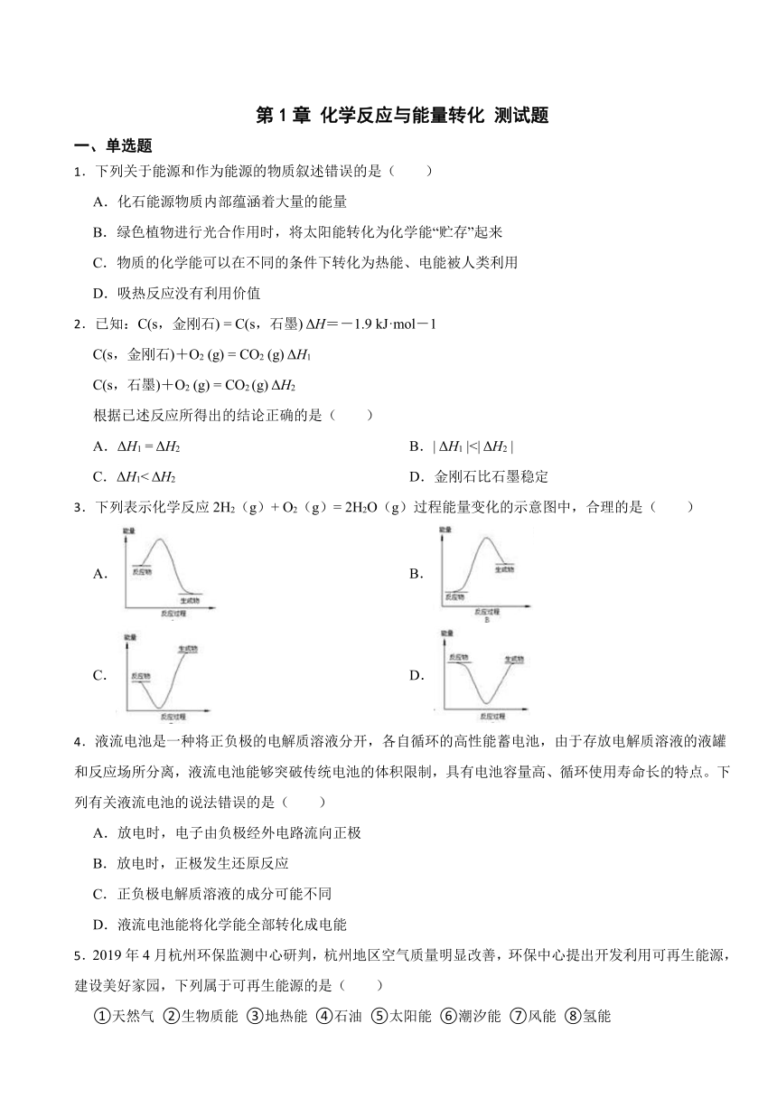 第1章 化学反应与能量转化 （含解析）测试题 2023-2024学年高二上学期化学鲁科版（2019）选择性必修1