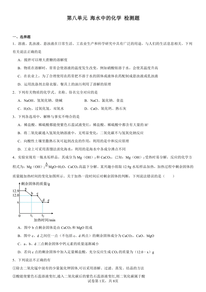 第八单元海水中的化学检测题(含解析) 2023-2024学年九年级化学鲁教版下册