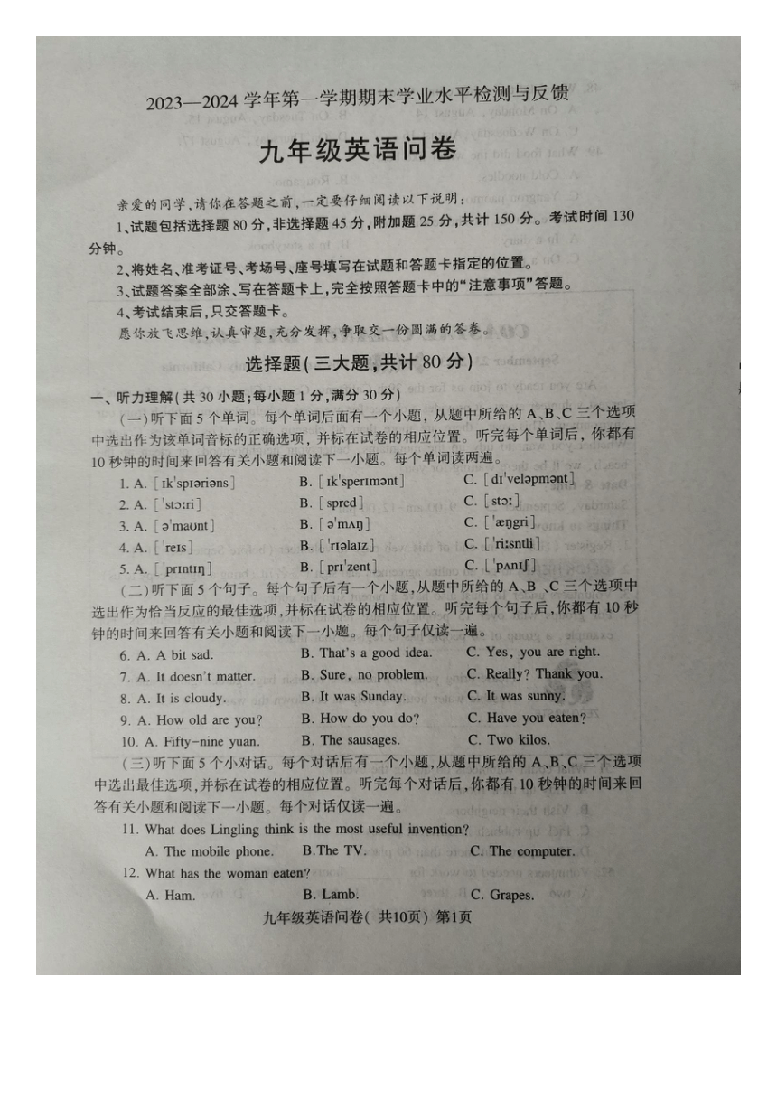 山东省聊城市阳谷县2023-2024学年九年级上学期1月期末英语试题（PDF版，无答案）