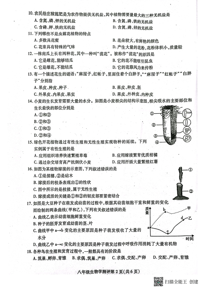 四川省内江市2023-2024学年度第一学期八年级期末测评生物（PDF版无答案）