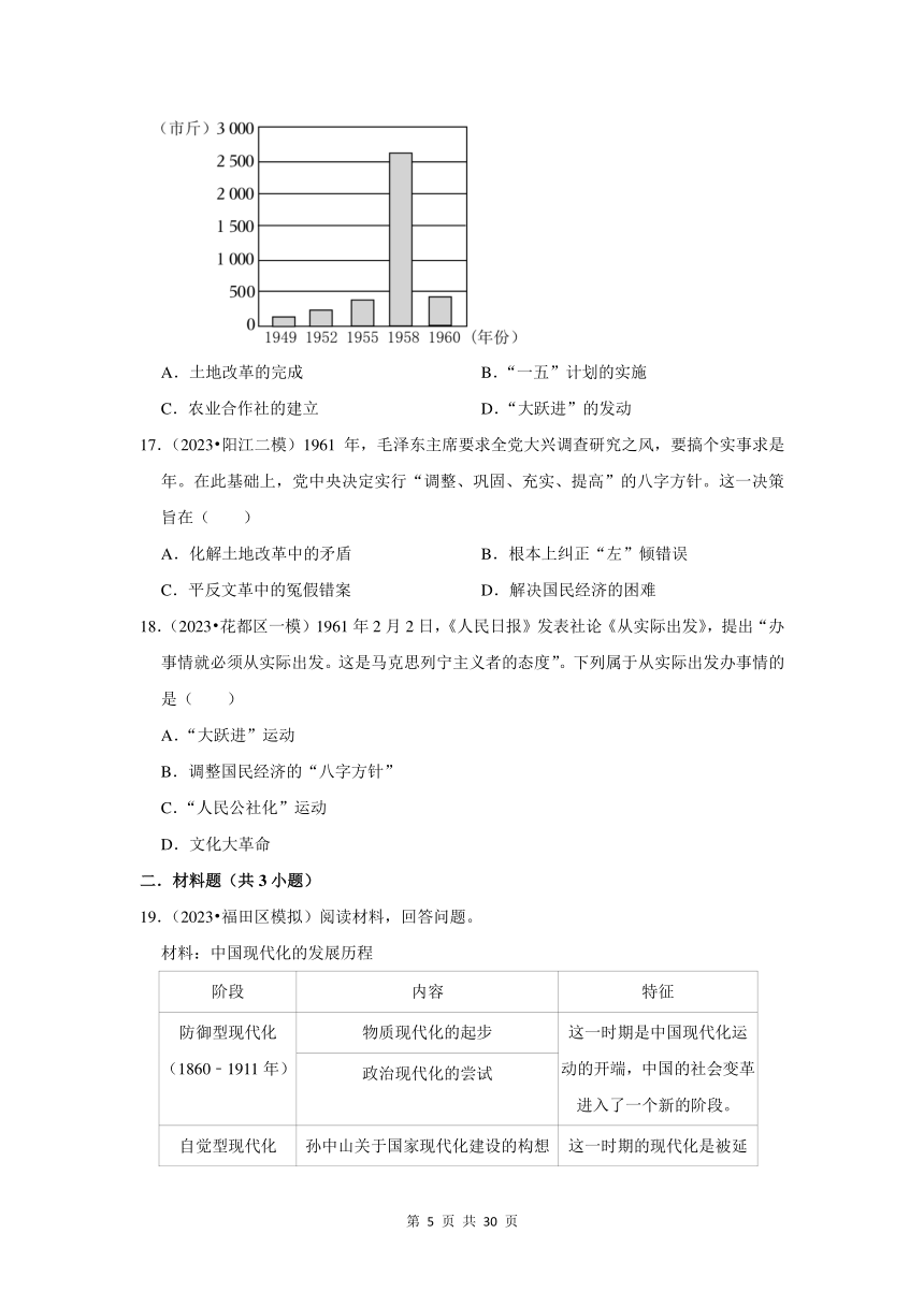 广东三年（2021-2023）初中历史模拟题分类汇编---中华人民共和国的成立和巩固、社会主义制度的建立与社会主义建设的探索（含解析）