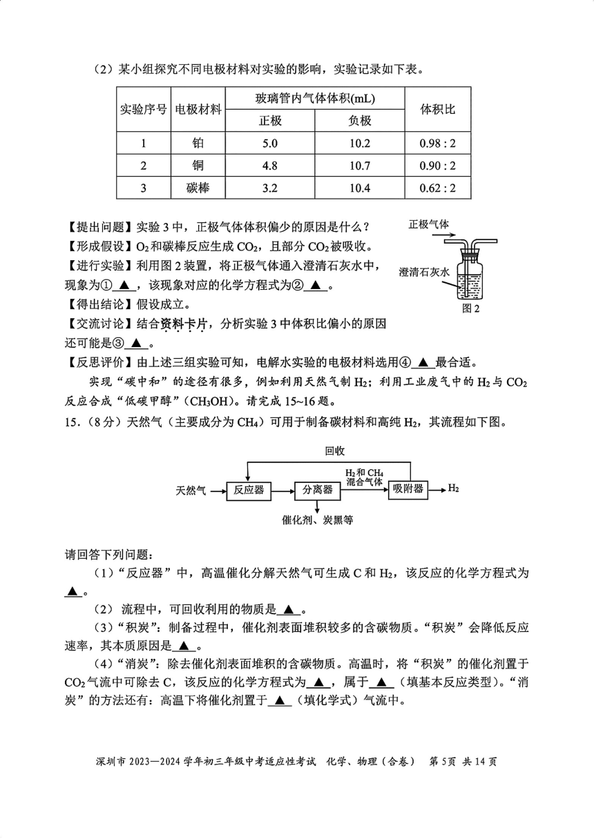 广东省深圳市2023一2024学年初三年级中考适应性考试 物理化学试题（PDF版无答案 ）