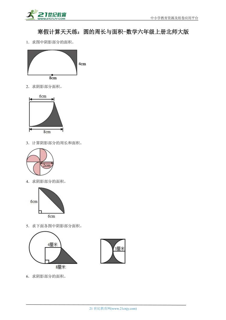 寒假计算天天练：圆的周长与面积-数学六年级上册北师大版（含答案）