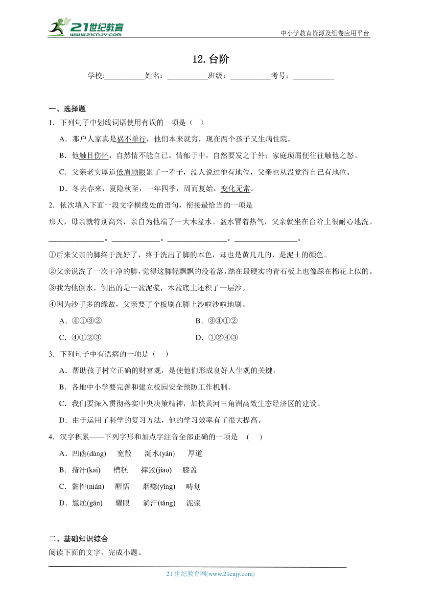 12.台阶寒假预习 部编版语文七年级下册 试卷（含答案）