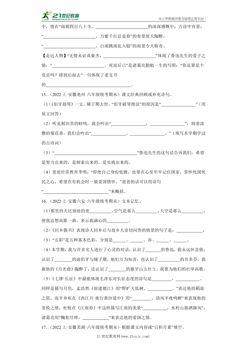 【安徽专版】部编版六年级上册--积累运用 期末语文真题专项练（含答案）