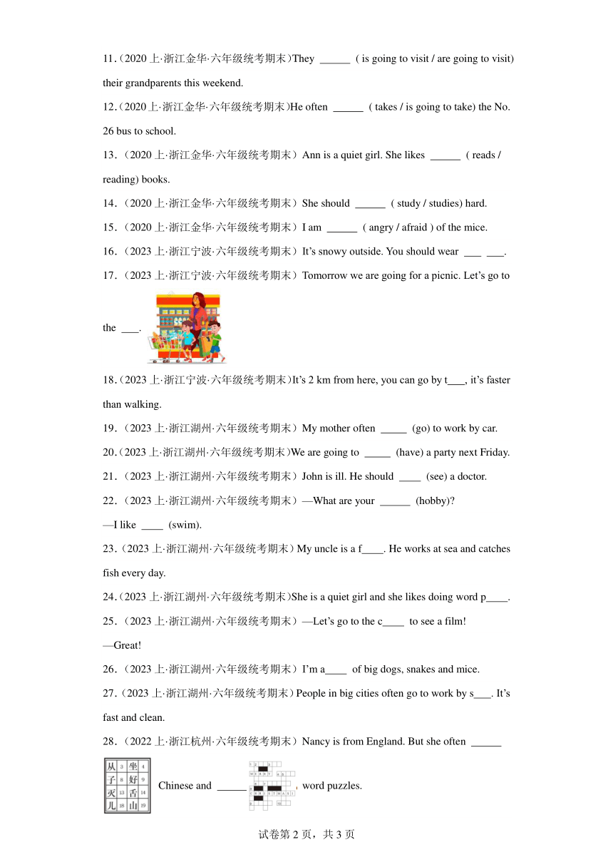 浙江省 期末专题复习 填空题 人教PEP版 六年级英语上册（含答案）