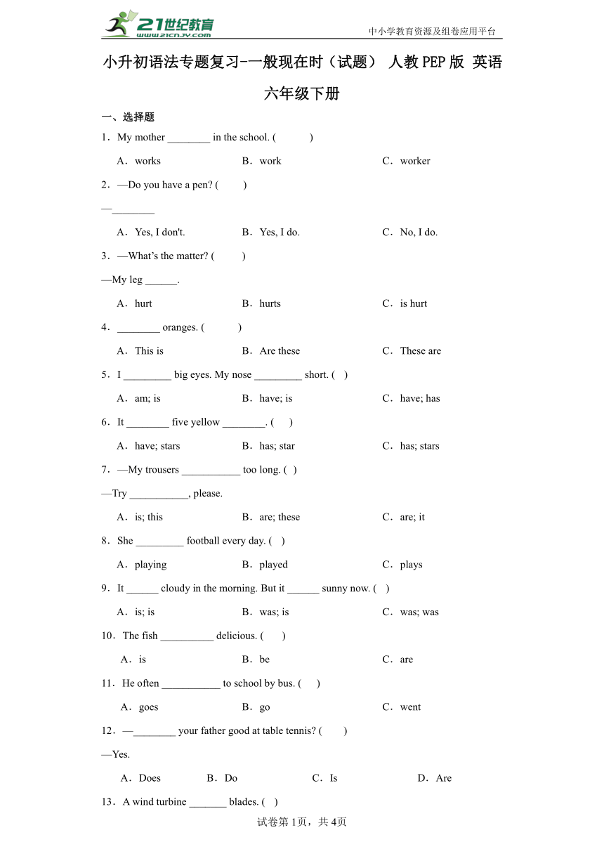 小升初语法专题复习-一般现在时（试题） 人教PEP版 英语六年级下册（含答案）