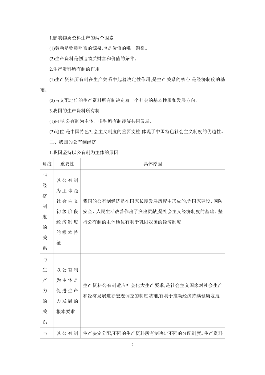 【核心素养目标】第一课 我国的生产资料所有制 学案（含习题答案）2024年高考政治部编版一轮复习必修二