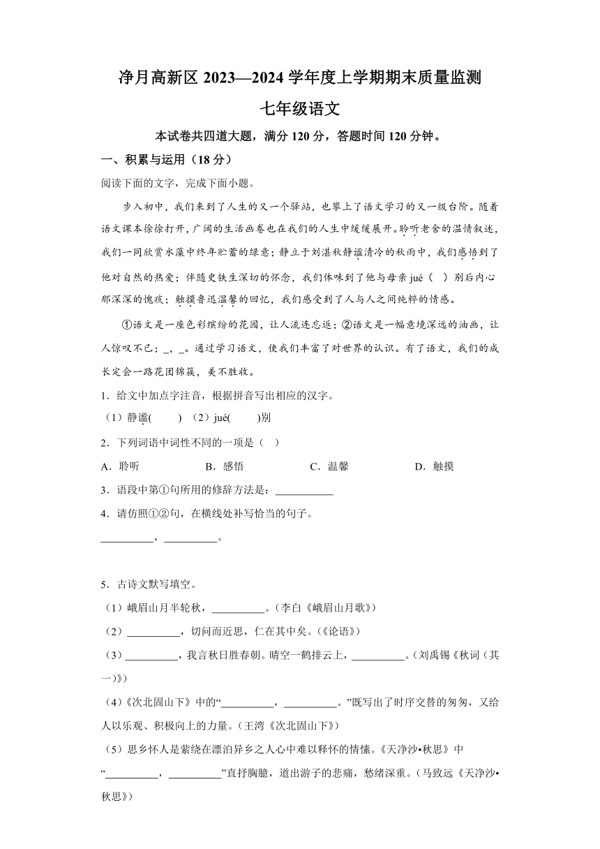 吉林省长春净月高新技术产业开发区2023-2024学年七年级上学期期末语文试题（含解析）