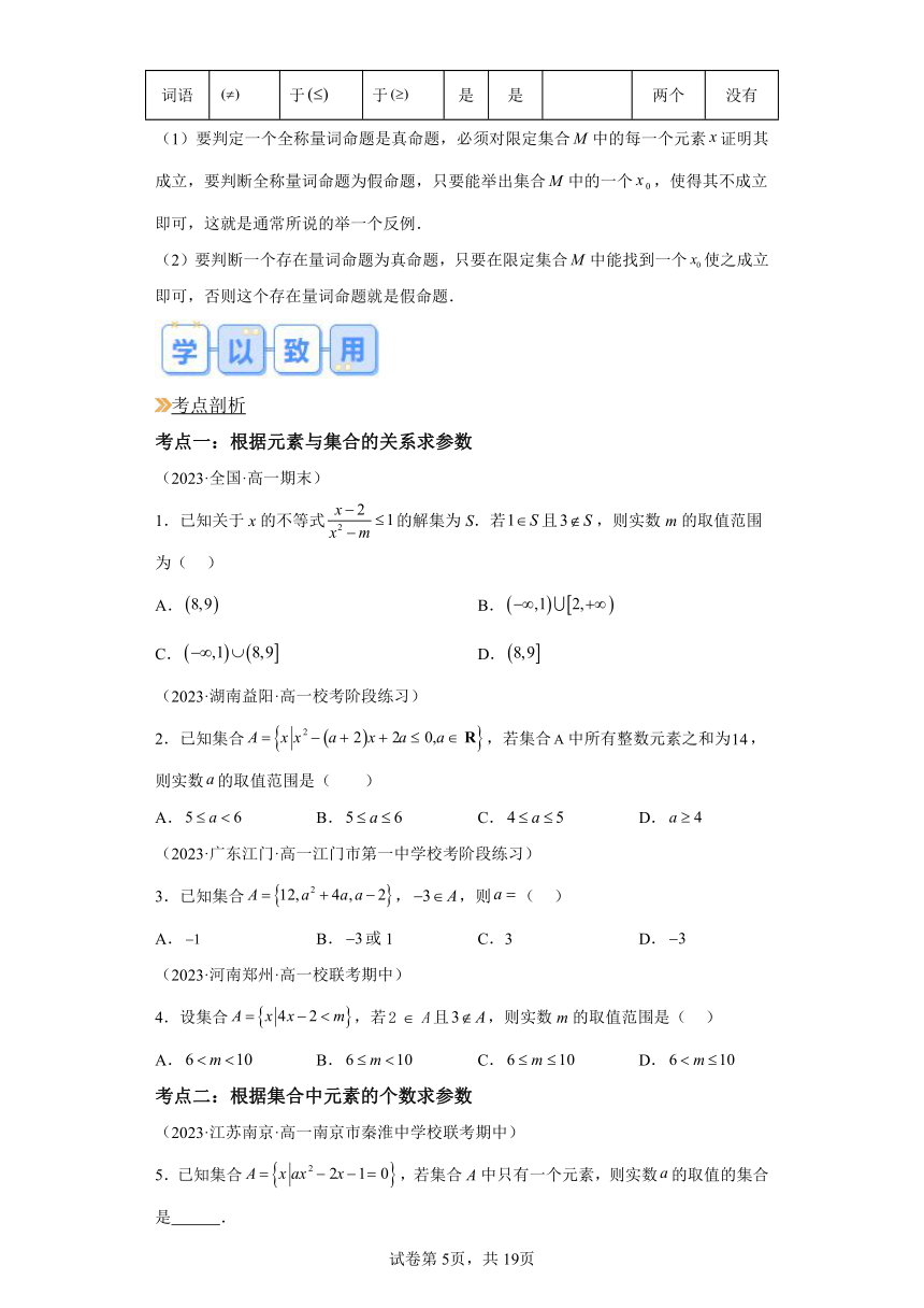 温故知新：专题01与集合与常用逻辑用语有关的参数问题  2024年高一数学寒假提升学与练（人教A版2019）（含解析）