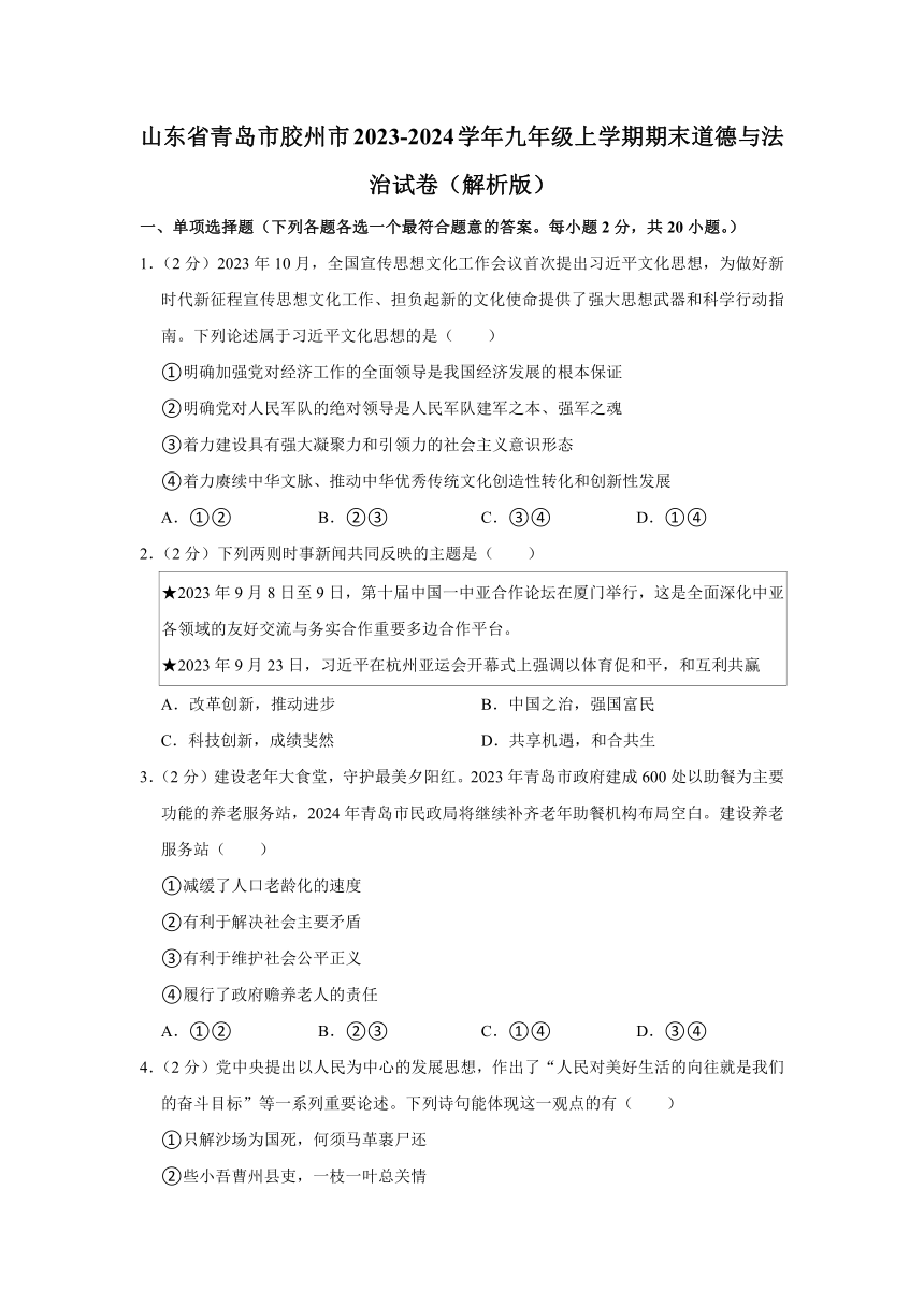 山东省青岛市胶州市2023-2024学年九年级上学期期末道德与法治试卷（含解析）