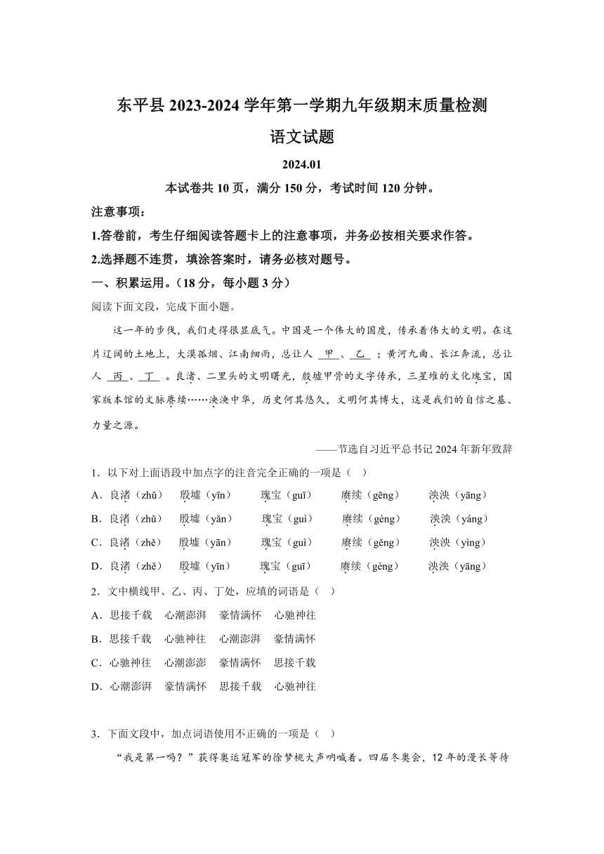 山东省泰安市东平县2023-2024学年九年级上学期期末语文试题(含解析)