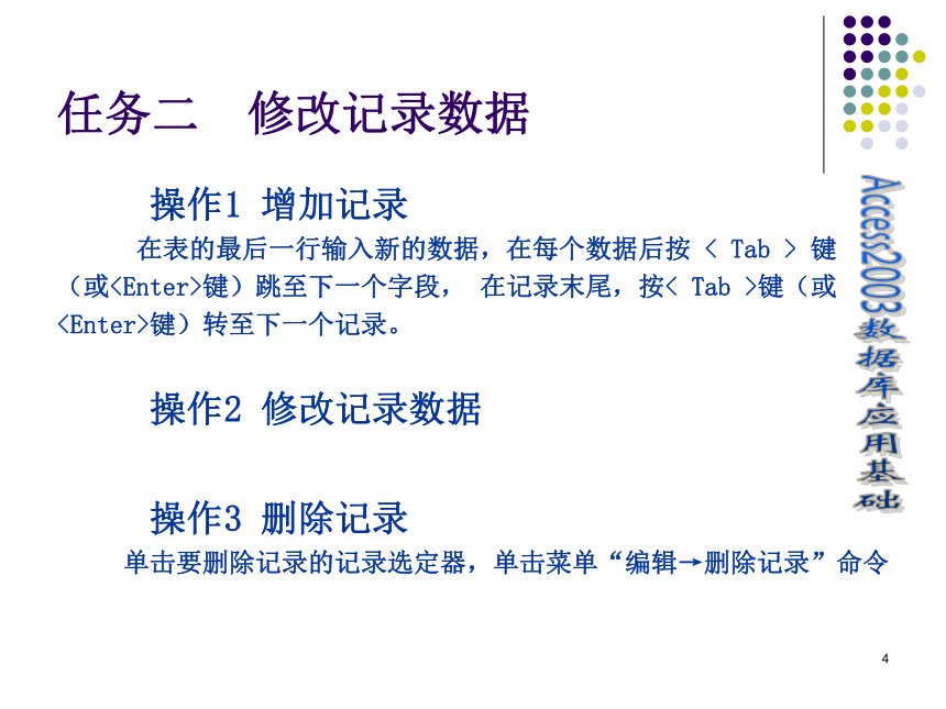 项目三 表的基本操作与修饰 课件(共12张PPT)- 《数据库应用基础——ACCESS 2003》同步教学（人邮版·2007）