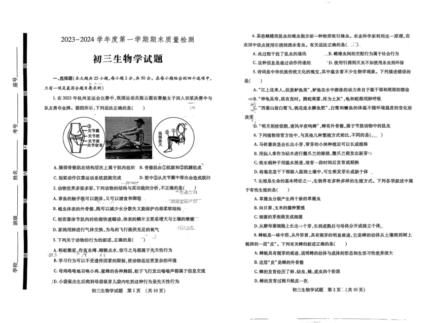 山东省济宁市任城区2023-2024八年级上学期期末考试生物试题（PDF版无答案）