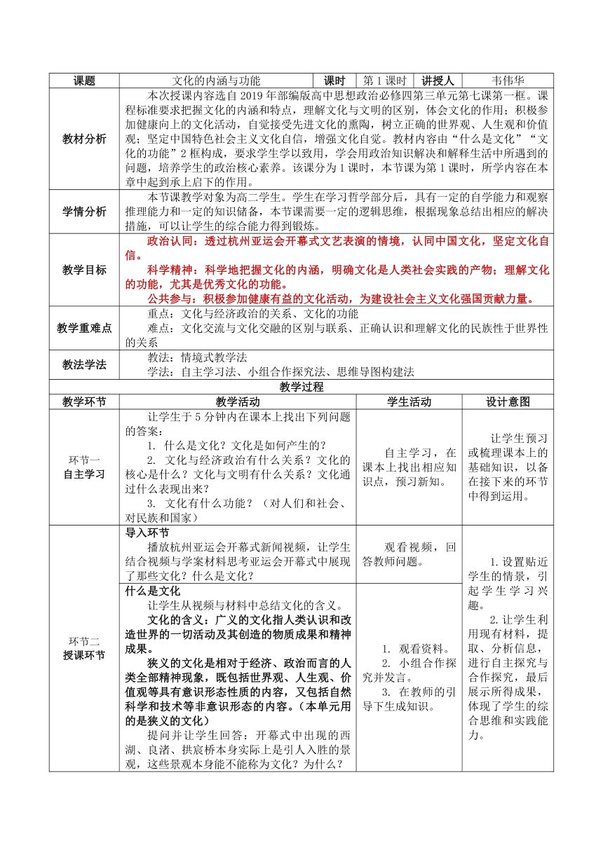 7.1 文化的内涵与功能 教学设计-2023-2024学年高中政治统编版必修四哲学与文化