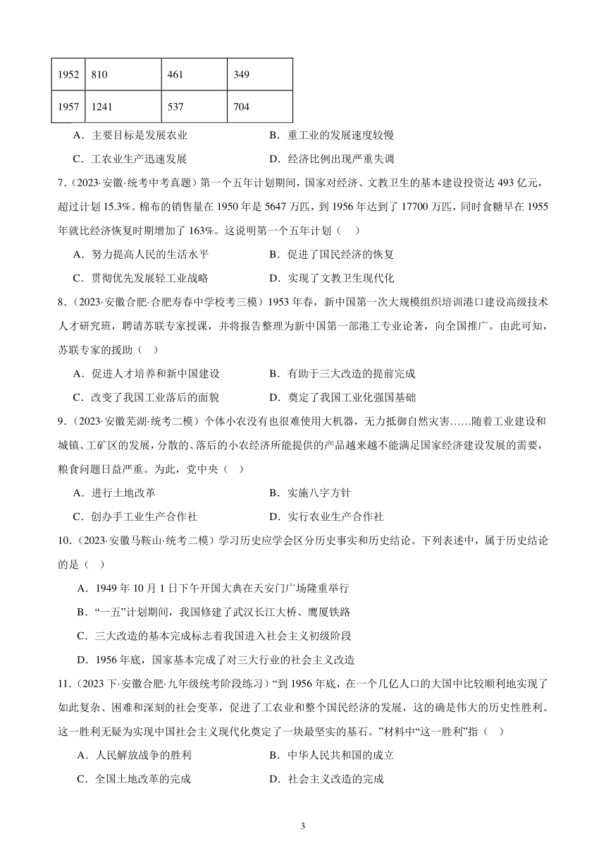 2024年安徽省九年级历史中考一轮复习题选编—— 社会主义制度的建立和社会主义建设的探索（含答案）