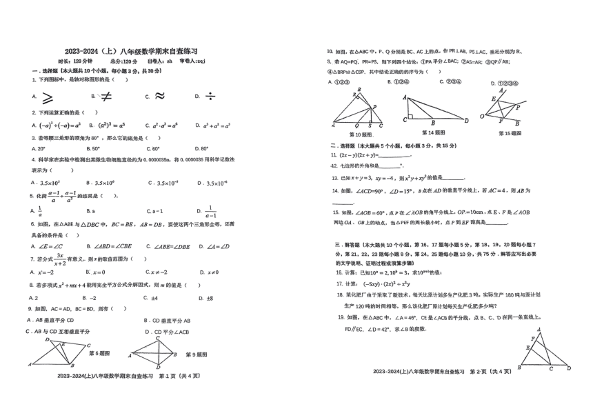 广东省东莞市长安实验中学2023-2024学年八年级上学期数学期末自查练习（PDF版，无答案）