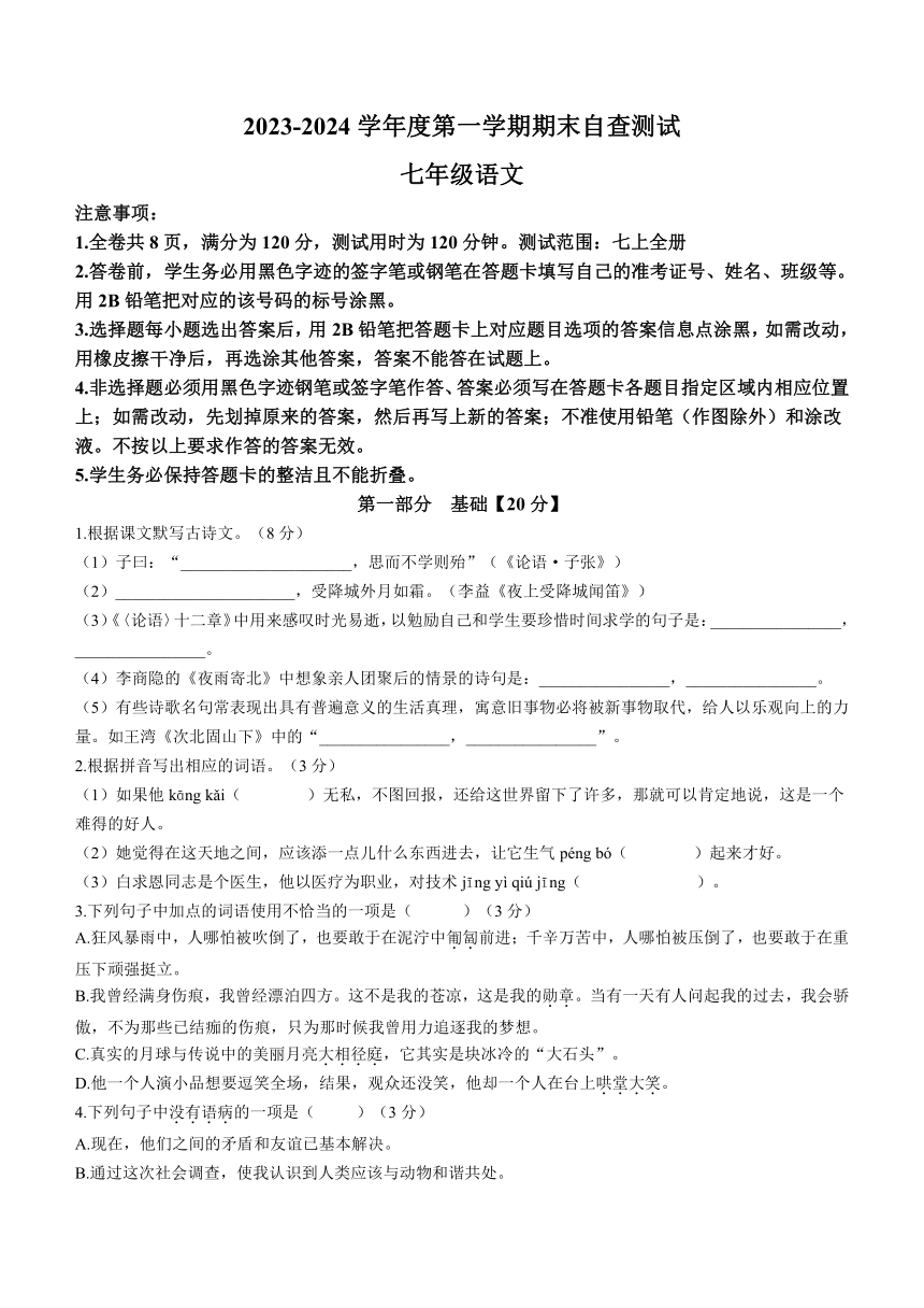 广东省东莞市2023-2024学年七年级上学期期末语文试题（含答案）
