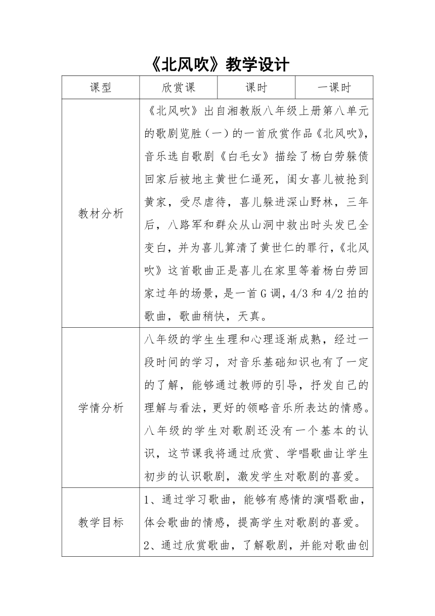 第八单元 歌剧览胜（一）——北风吹 教案 （表格式）2023—2024学年湘教版初中音乐八年级上册