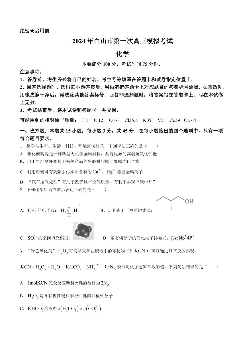 2024届吉林省白山市高三上学期1月第一次模拟考试化学试题（含解析）