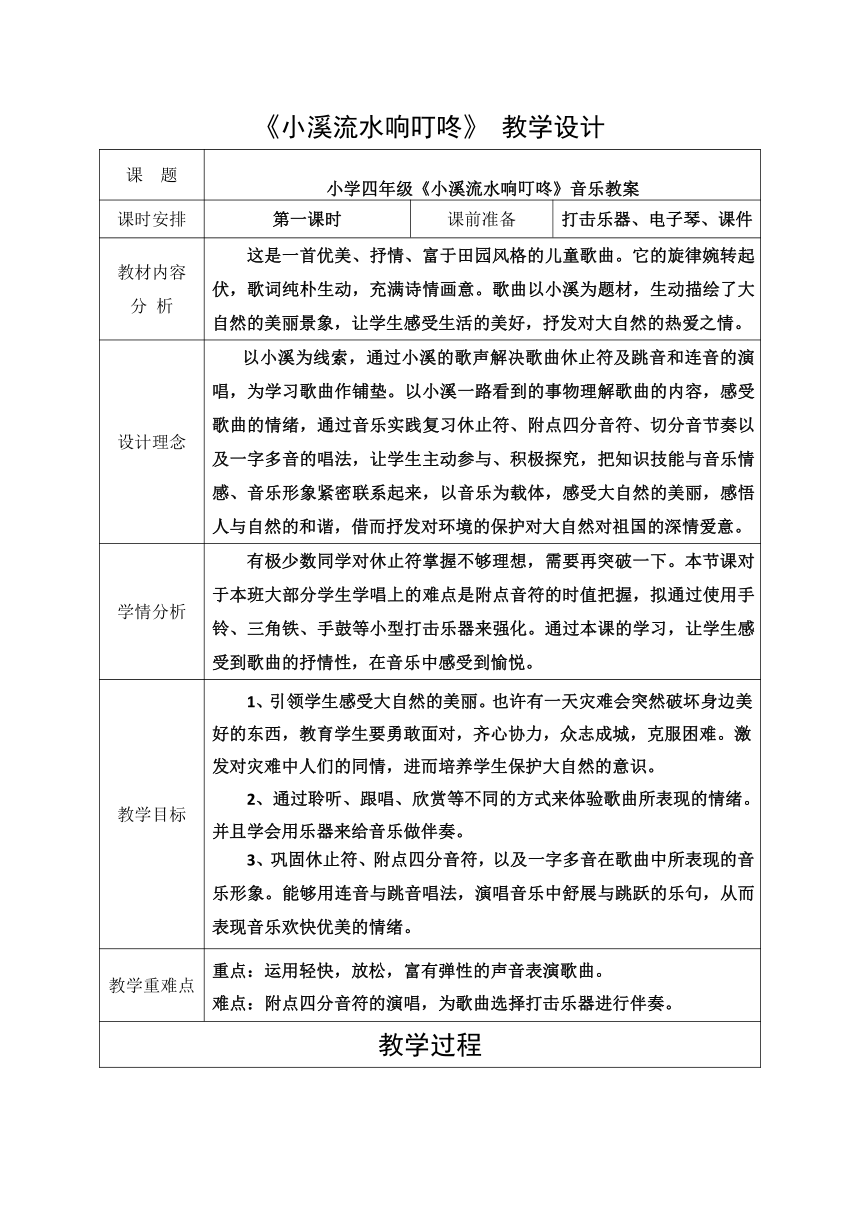 《小溪流水响叮咚》 教学设计（表格式）小学音乐人音版四年级下册