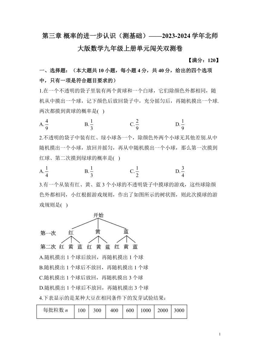 第三章 概率的进一步认识（测基础）（含解析）——2023-2024学年北师大版数学九年级上册单元闯关双测卷