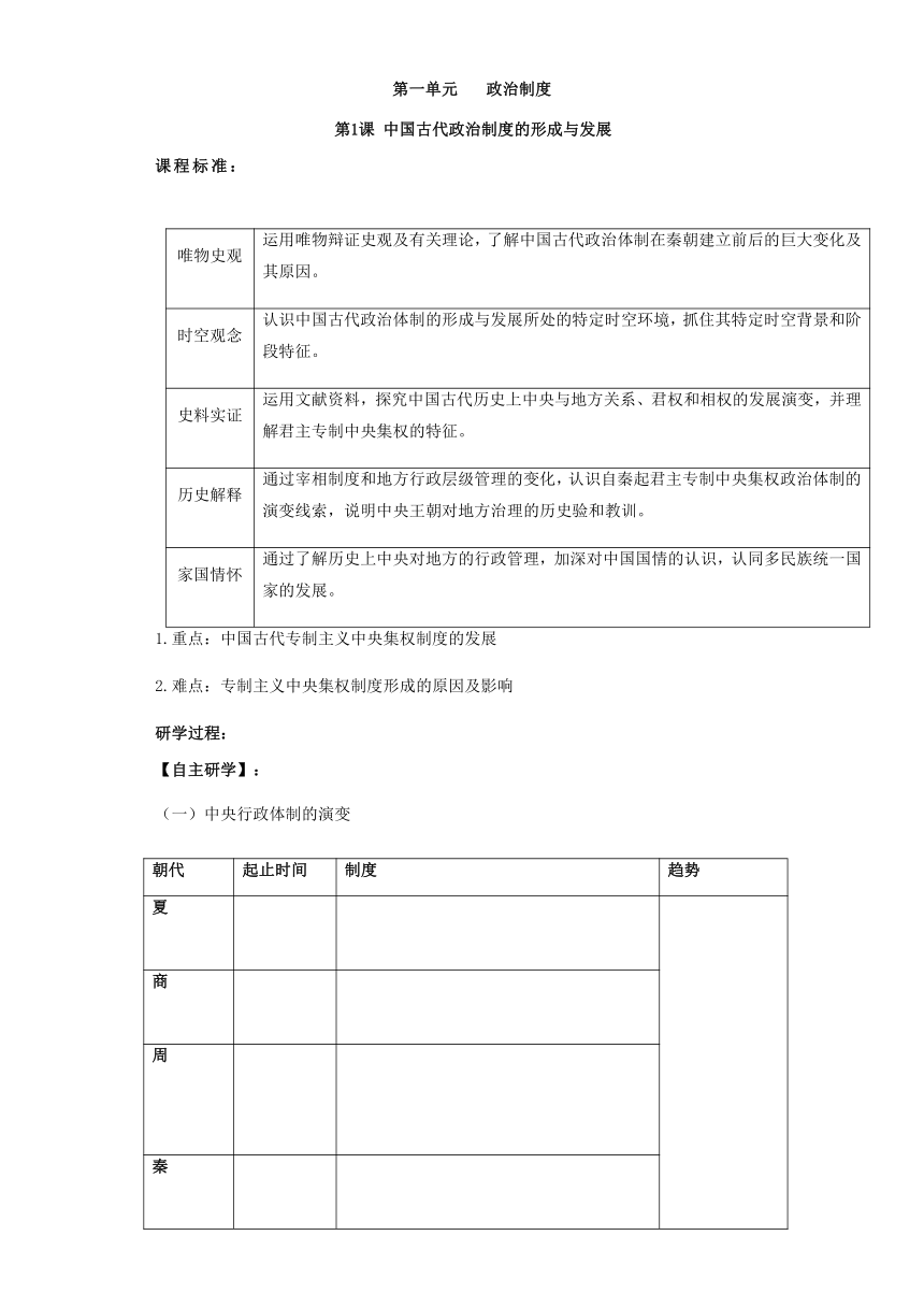 第1课中国古代政治制度的形成和发展学案（含解析）-统编版（2019）高中历史选择性必修1国家政治制度与社会治理