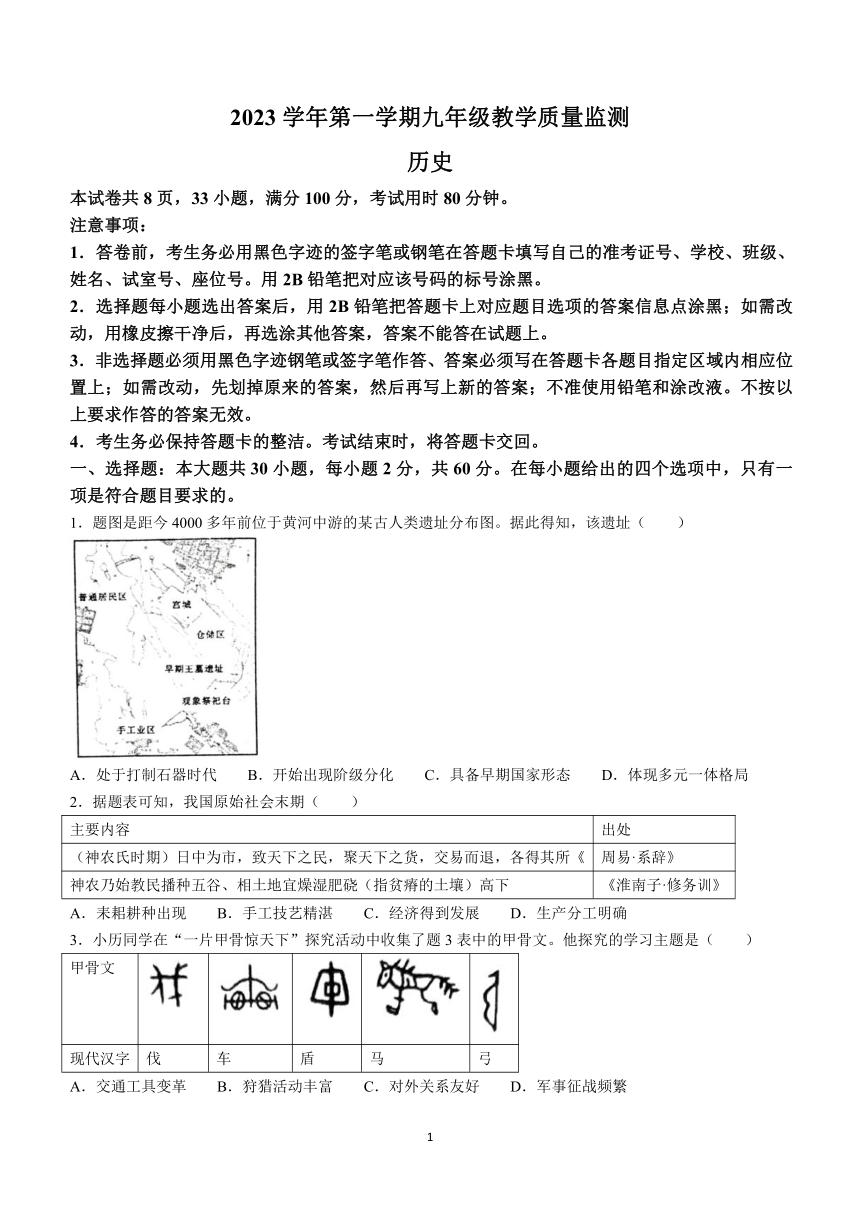 广东省佛山市顺德区2023-2024学年九年级上学期1月期末历史试题(无答案)