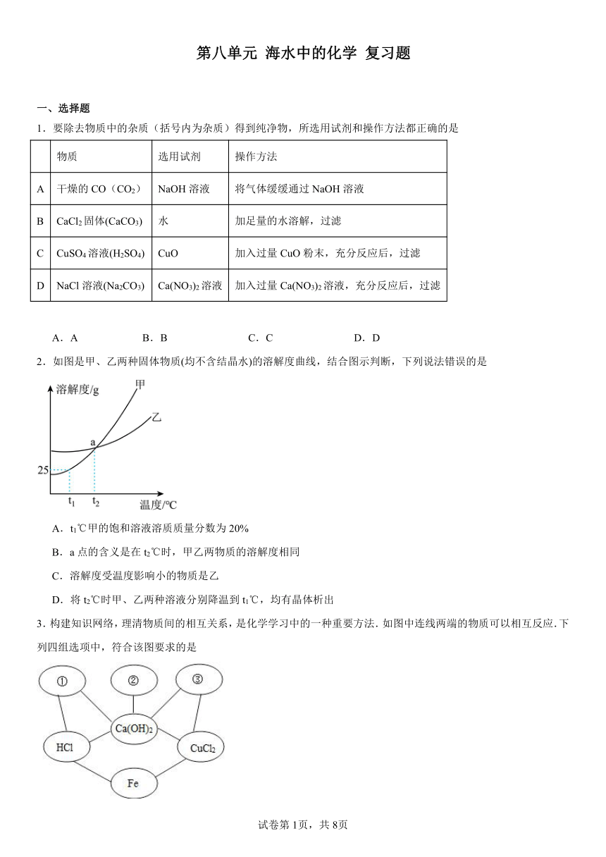 第八单元海水中的化学复习题(含解析)2023-2024学年九年级化学鲁教版下册