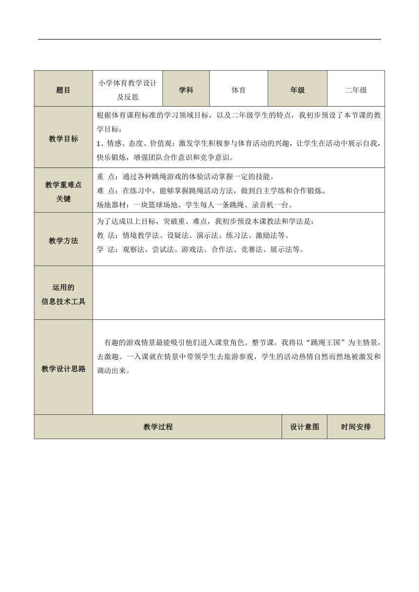 人教版体育小学二年级 跳绳 教案（表格式）