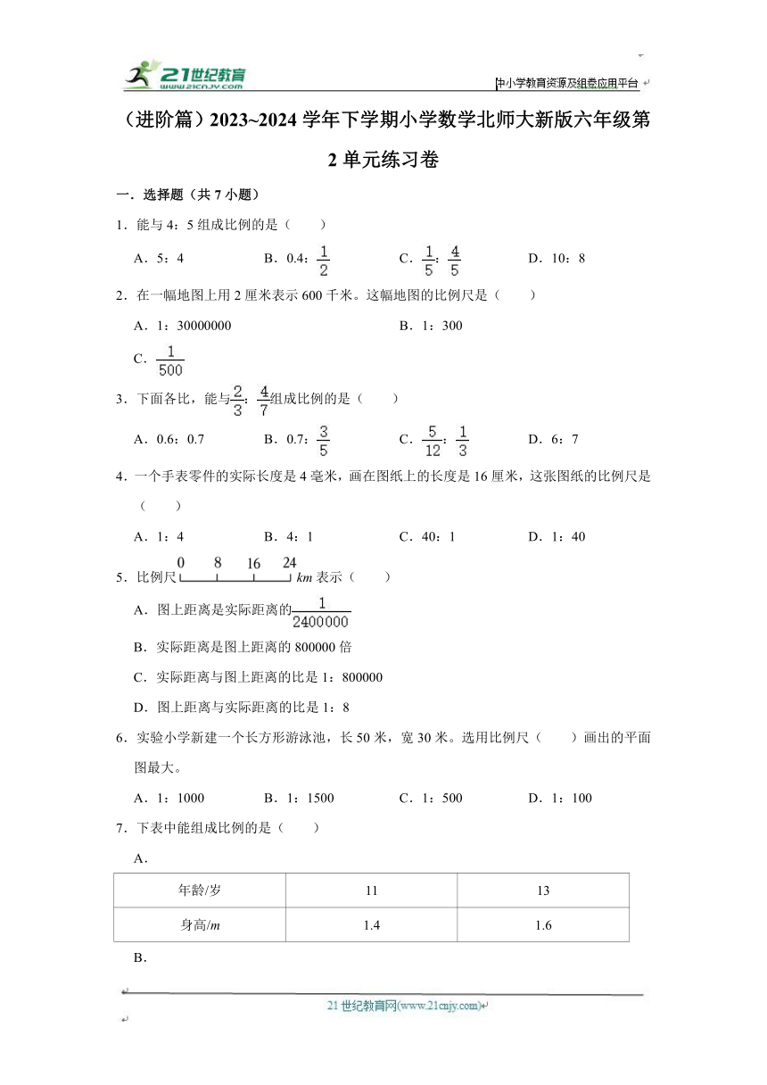 第2单元练习卷（单元测试）小学数学六年级下册 北师大版（进阶篇）（含答案）