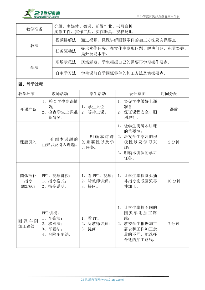 中职《数控车床》第08讲 圆弧零件加工 教案（表格式）