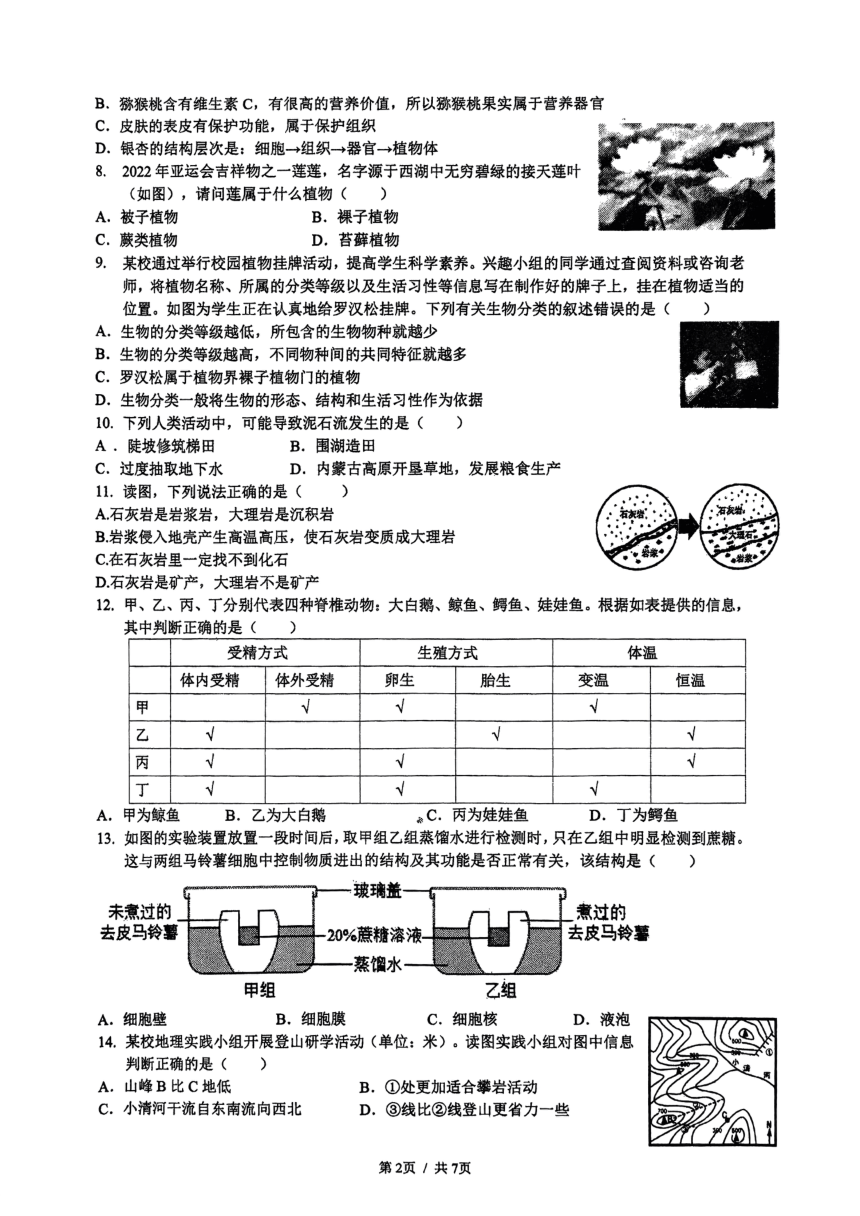 浙江省杭州市启正中学2024年上学期初一科学期末模考（pdf版，无答案）
