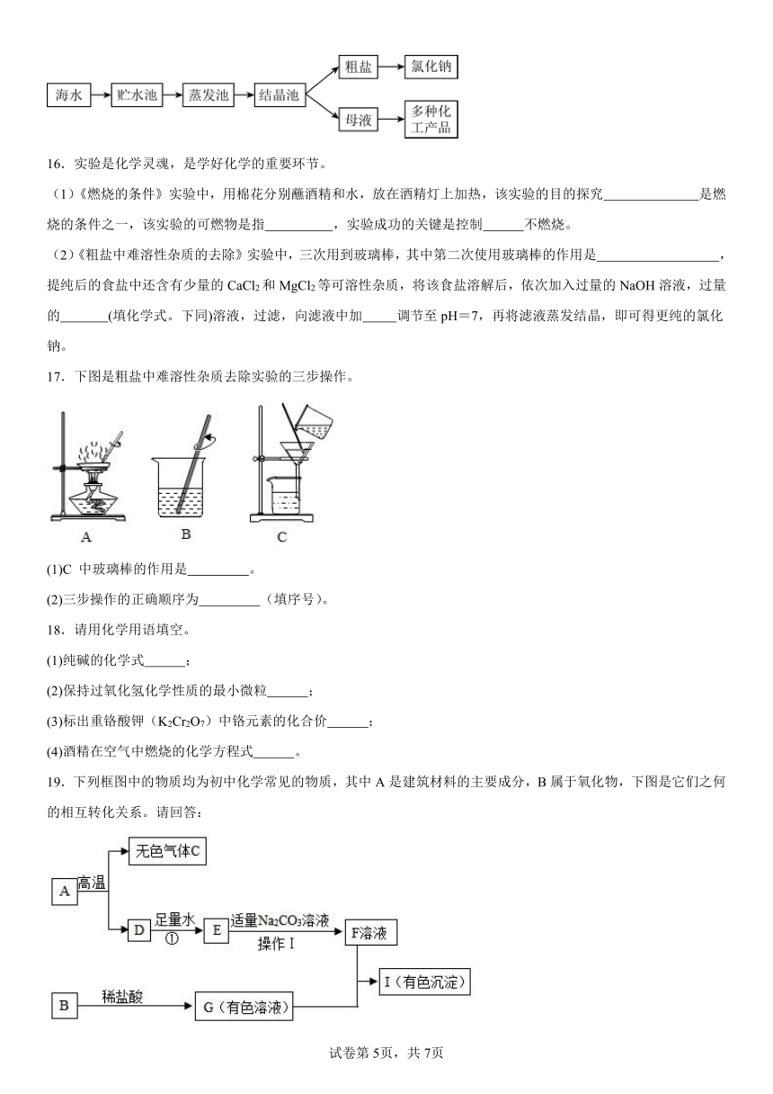 第三单元海水中的化学复习题2023-2024学年九年级化学鲁教版（五四学制）全一册（含解析）