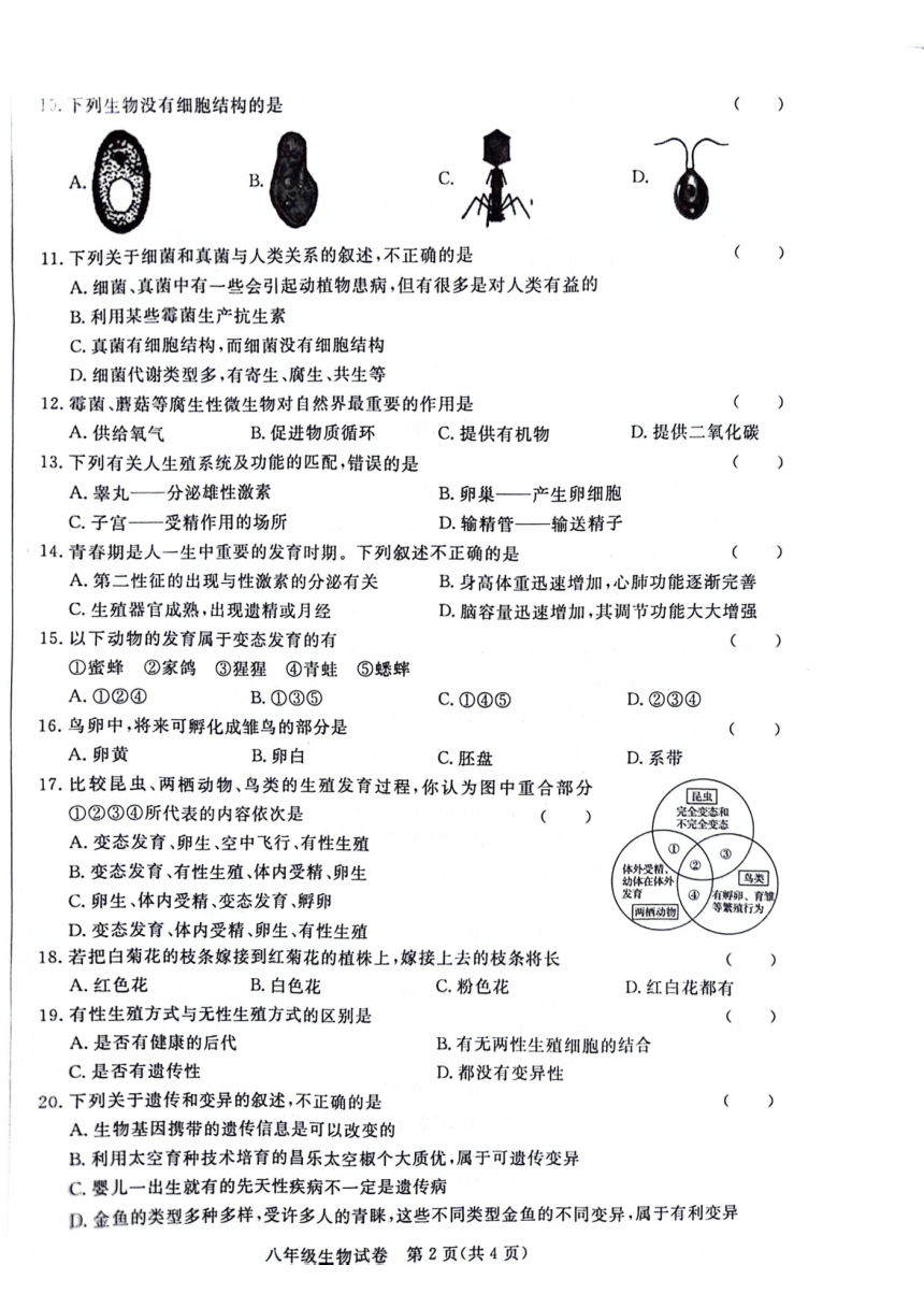 安徽省阜阳市太和县2023-2024学年八年级上学期期末生物试题（PDF版无答案）