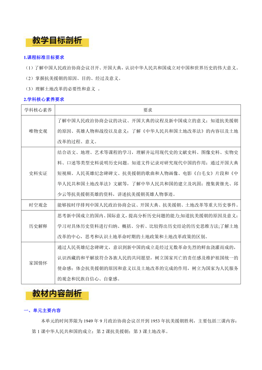 八年级历史下册 （部编版)第一单元 中华人民共和国的成立和巩固（单元教学设计）