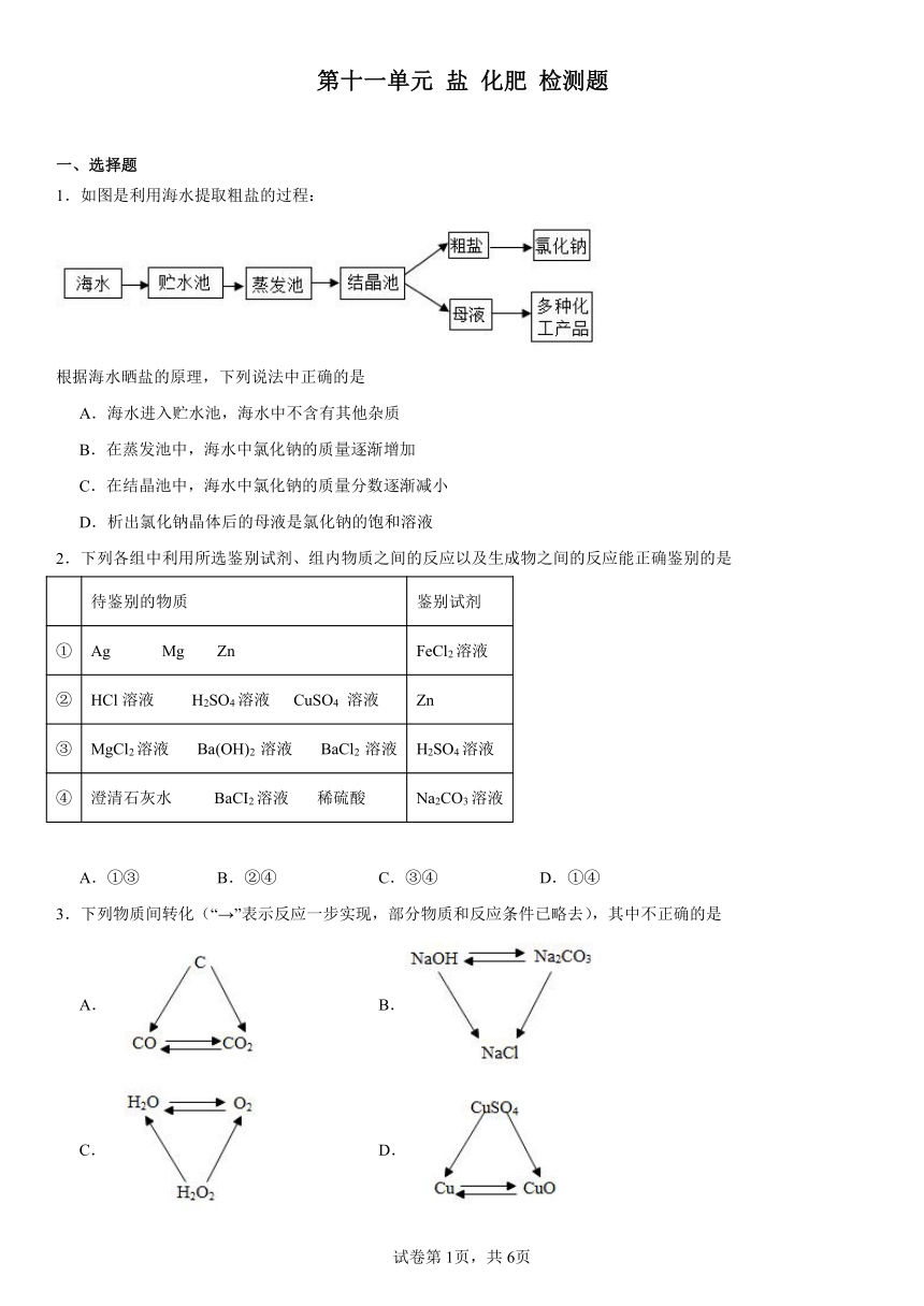 第十一单元盐化肥检测题2023-2024学年人教版九年级化学下册（含解析）