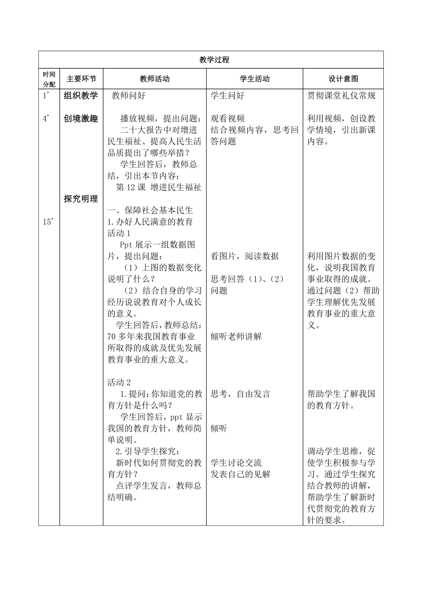 第12课 增进民生福祉（教案）（表格式）-【中职专用】高一思想政治《中国特色社会主义》高效备课精品课件（高教版2023·基础模块）