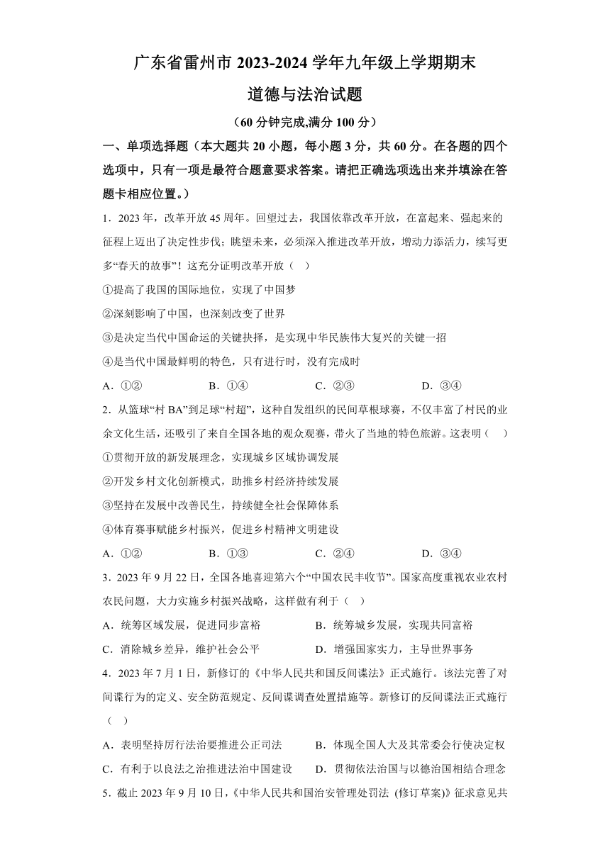 广东省湛江市雷州市2023-2024学年九年级上学期期末 道德与法治试题（含解析）